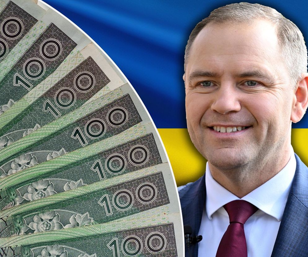 Prezydent Karol Nawrocki z uśmiechem na tle flagi Ukrainy oraz rozłożonych banknotów 100-złotowych, symbolizujących zmiany w świadczeniach. Dowiedz się więcej o nowej erze pomocy dla Ukraińców w Polsce na Super Biznes.