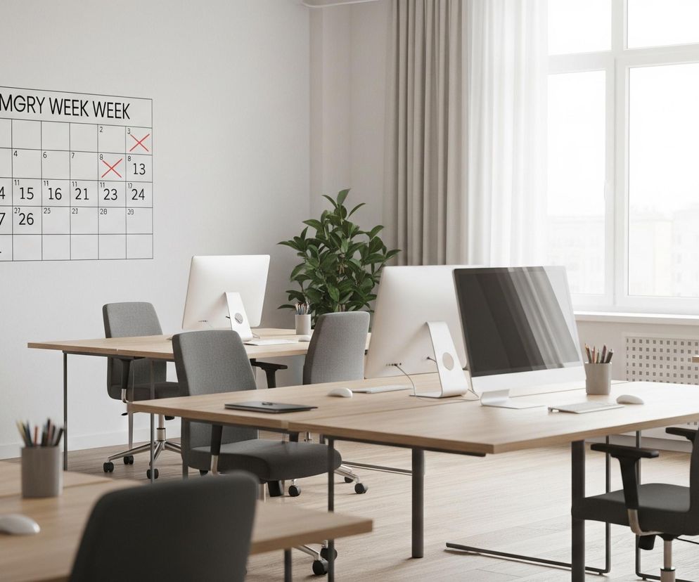 Pomieszczenie biurowe oświetlone naturalnym światłem z dużego okna po prawej stronie, zasłoniętego beżowymi i białymi zasłonami, wypełnione jest rzędami drewnianych biurek z szarymi krzesłami obrotowymi. Na jasnej ścianie po lewej stronie wisi duży, czarny kalendarz miesięczny z czerwonymi iksami przekreślającymi kilka dat, w tym 11, 13 i 20. Biurka wyposażone są w białe komputery stacjonarne z ciemnymi ekranami, białe klawiatury i myszki, a także szare pojemniki na długopisy. W tle, pomiędzy biurkami, widoczna jest zielona roślina doniczkowa.