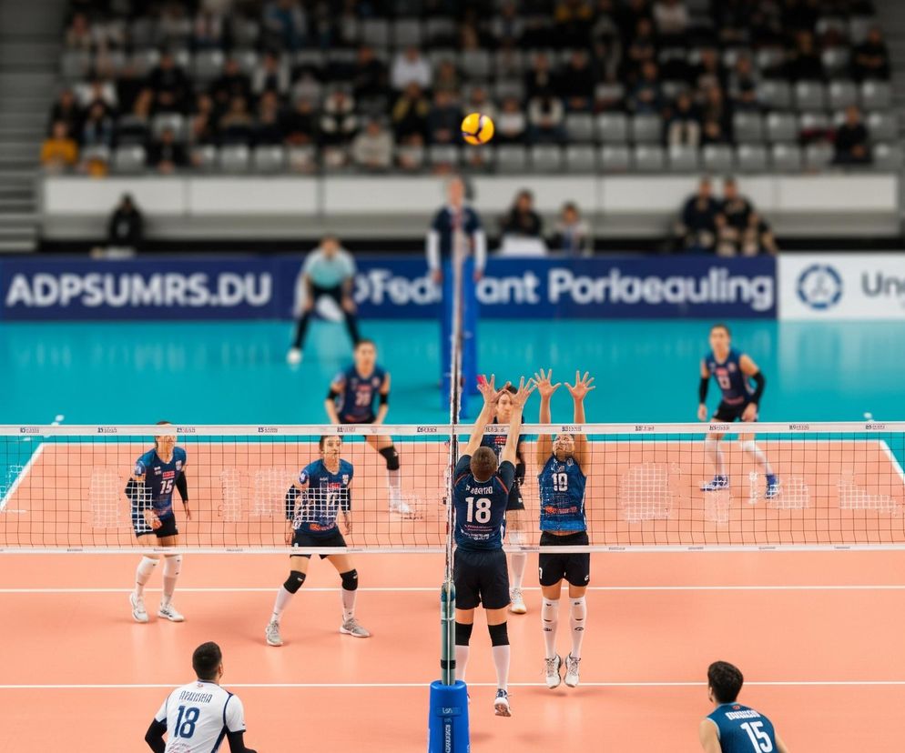 Mecz siatkówki rozgrywany w hali sportowej. Centralnie umieszczona jest siatka, a nad nią unosi się żółto-niebieska piłka. Po obu stronach siatki znajdują się zawodnicy w granatowo-białych strojach, z czego dwóch z numerami 18 i 19 wyskakuje, próbując zablokować piłkę, a kilku innych graczy czeka na odbiór. Tło stanowią rzędy trybun z rozmazanymi postaciami widzów oraz niebieskie banery reklamowe z białymi napisami.