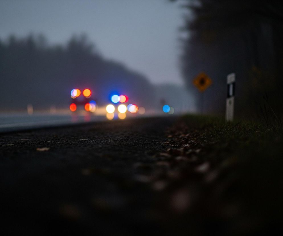 Asfaltowa droga biegnie w głąb obrazu, zajmując większą część kadru. Na jej lewej krawędzi widać białą linię. W oddali na drodze, rozmyte światła pojazdów, głównie czerwone i pomarańczowe z domieszką niebieskich, tworzą efekt bokeh. Po prawej stronie drogi, na poboczu, leżą rozrzucone brązowe liście, a za nimi widać zieloną trawę i pionowy biało-czarny słupek. Dalej na prawo, nad poboczem, znajduje się niewyraźny żółty znak drogowy w kształcie rombu. W tle, po obu stronach drogi, rysują się ciemne, rozmyte sylwetki drzew, a nad nimi panuje szare, zamglone niebo.