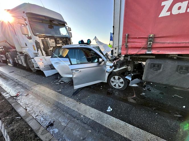 Wstrząsający wypadek pod Żyrardowem. Skoda zmiażdżona między dwoma tirami