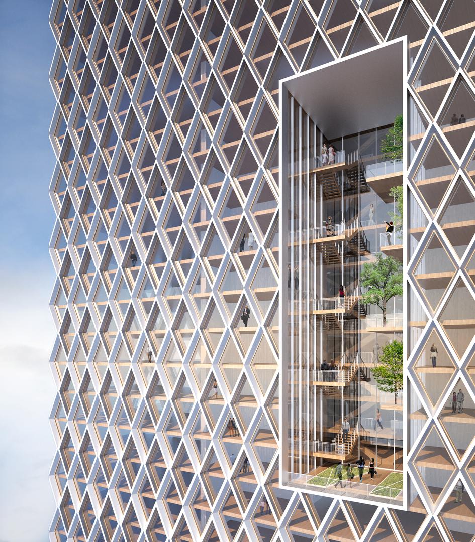 System konstrukcyjny o układzie rombowym (diagrid) wykorzystuje naturalną wytrzymałość osiową drewna