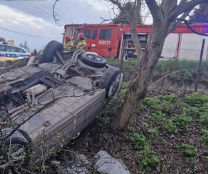 Dąbrowa Górnicza: Samochód wypadł z drogi i dachował na prywatnej posesji. Cud, że nikt nie zginął