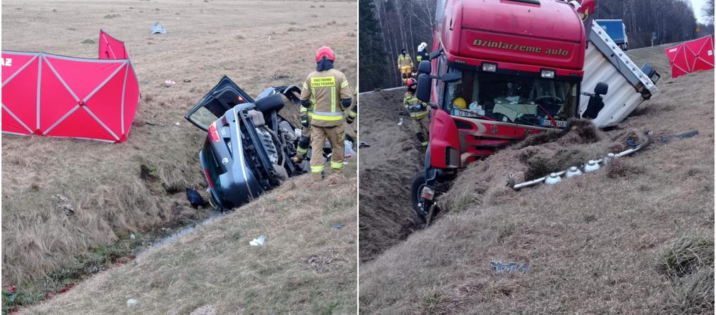 Gniazdowo. Kierowca volkswagena zginął po zderzeniu z tirem. W aucie ogromna kwota! Milion euro? [ZDJĘCIA]