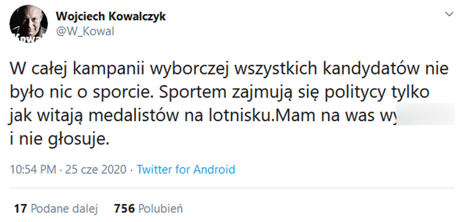 Tweet Wojciecha Kowalczyka