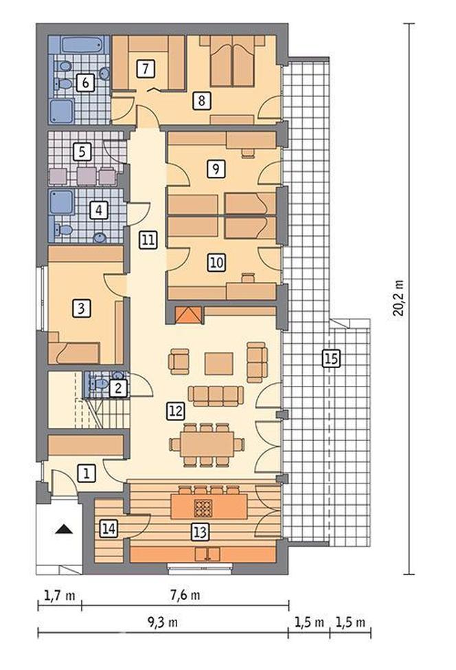 Projekt domu EC383 Nowatorski - plan parteru z 5 pokojami i 2 łazienkami