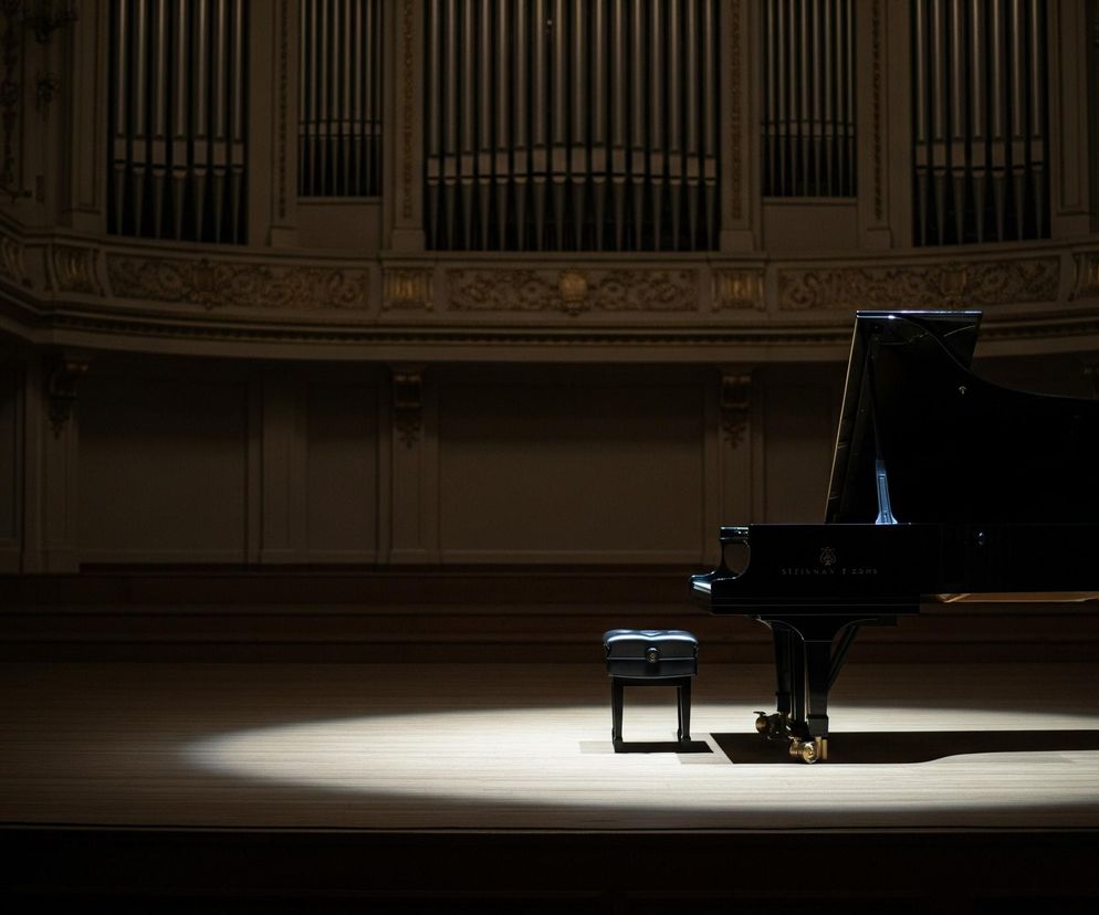 Czarny fortepian koncertowy z otwartą pokrywą i dopasowanym, regulowanym krzesłem stoi na drewnianej scenie, oświetlony jasnym, okrągłym snopem światła z lewej strony. Tło stanowi monumentalna ściana orkiestry z licznymi, pionowymi piszczałkami organów, częściowo ukrytymi za ciemnymi, bogato zdobionymi, złotymi gzymsami. Całe pomieszczenie, przypominające salę koncertową, jest pogrążone w półmroku, co podkreśla wyeksponowany fortepian.