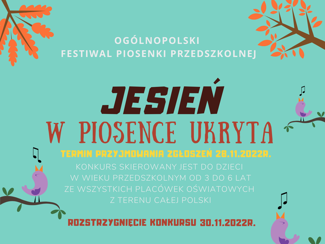 Trwa nabór zgłoszeń do Ogólnopolskiego Festiwalu Piosenki Przedszkolnej w Siedlcach „Jesień w piosence ukryta”