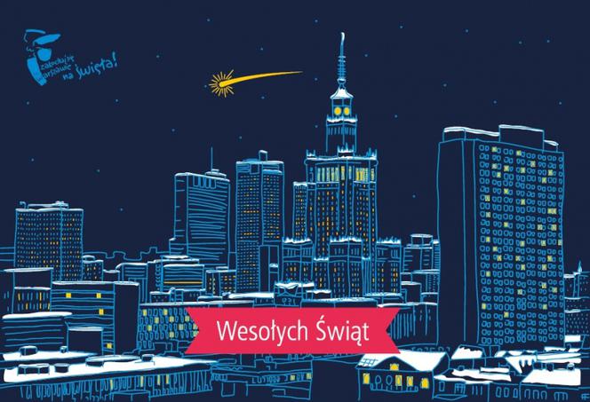 Kartka świąteczna z panoramą Warszawy