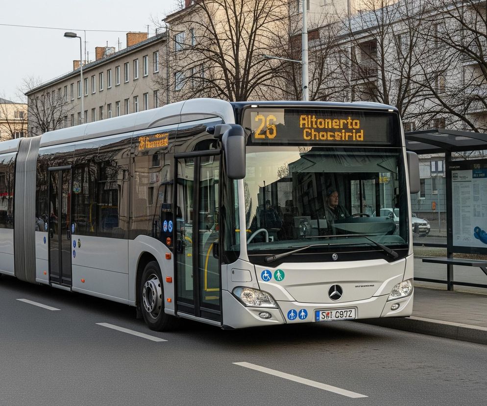Nowoczesny, dwuczłonowy autobus w kolorze białym, jadący ulicą w słoneczny dzień. Na przedniej tablicy wyświetla się numer 26 i żółty napis Altonerto Chocairid, a obok widoczne jest logo Mercedes-Benz i zielono-niebieskie piktogramy ułatwień dla pasażerów. Autobus stoi obok przystanku autobusowego z szarą wiatą i niebieskim znakiem z symbolem autobusu, a za nim rozciągają się wielopiętrowe budynki o jasnych elewacjach i drzewa bez liści.