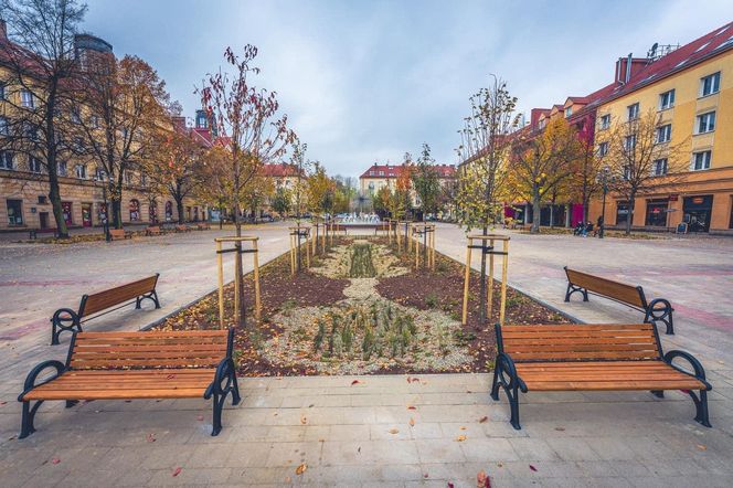 Plac Baczyńskiego w Tychach po przebudowie. Mniej betonu, więcej zieleni