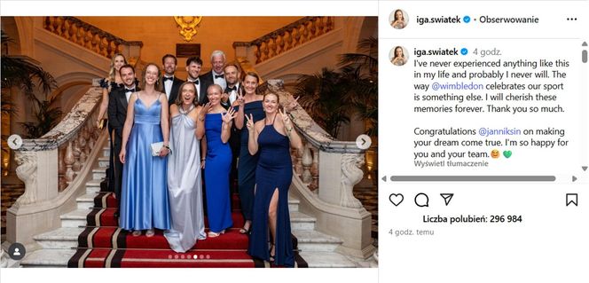 Iga Świątek z zespołem na Balu Mistrzów Wimbledonu