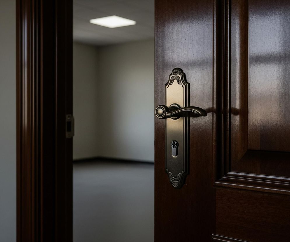 Lekko uchylone ciemnobrązowe drzwi z bogato zdobioną mosiężną klamką i zamkiem dominują po prawej stronie kadru. Po lewej stronie widać fragment futryny w tym samym kolorze, a za nią jasne, puste pomieszczenie z białymi ścianami, szarą podłogą i kwadratowym, świecącym światłem sufitowym. Na powierzchni drzwi po prawej widoczne są odbicia światła i tekstura drewna, a w głębi pomieszczenia zarys drugich drzwi lub framugi.