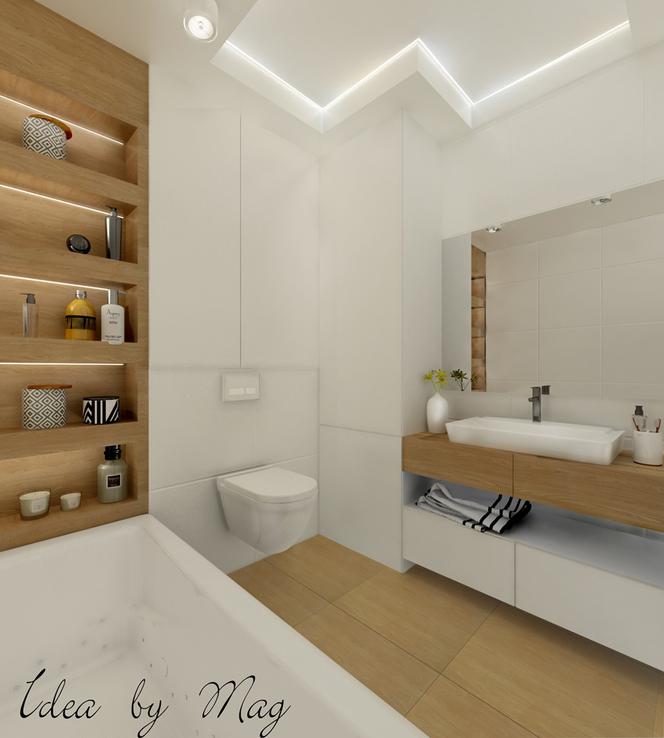 Biała łazienka z drewnianymi elementami