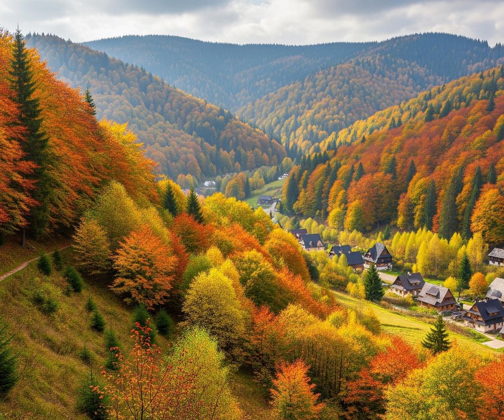 Na pierwszym planie, z lewej strony, widoczna jest kamienna ścieżka wijąca się w górę stoku porośniętego jesiennym lasem. Drzewa na zboczach gór prezentują intensywne barwy, od jaskrawej żółci i złota, przez pomarańcze, aż po głębokie odcienie czerwieni i brązu. W dolinie, pomiędzy kolorowymi wzgórzami, rozciąga się niewielka wioska z licznymi domami o ciemnych dachach i jasnych ścianach, otoczonymi zielonymi polanami i mniejszymi drzewami. W tle dominują pasma górskie, pokryte ciemniejszymi lasami, a niebo jest częściowo zachmurzone, z wyraźnie widocznymi promieniami słońca rozświetlającymi niektóre partie krajobrazu.