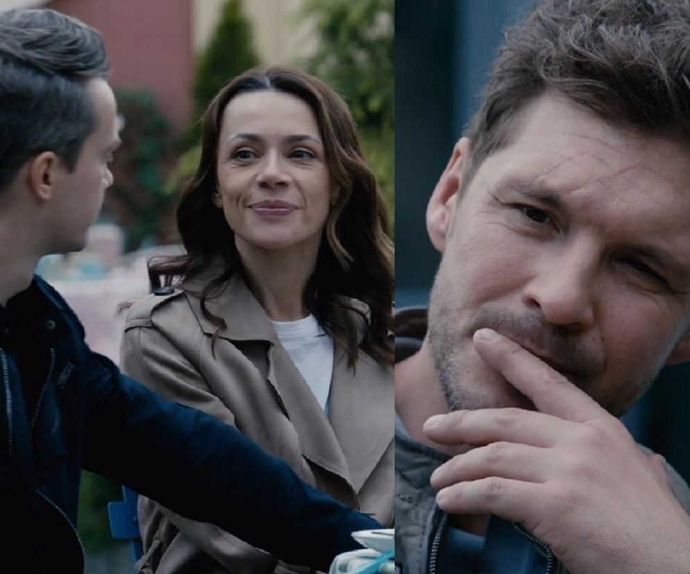 Martyna i Jakub w towarzystwie Marcina w scenie z M jak miłość. Martyna uśmiecha się, Jakub, w kurtce, patrzy w bok. Na portalu Super Seriale przeczytasz o ich losach.