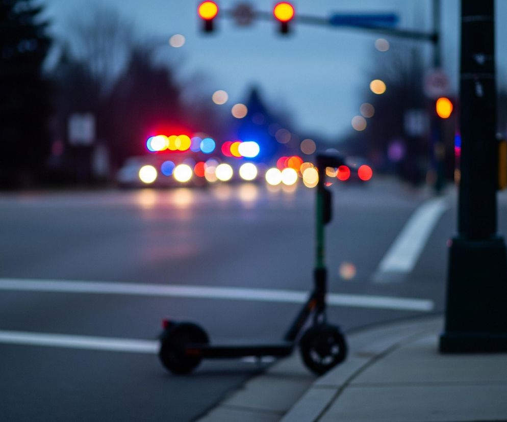 Na pierwszym planie, z prawej strony, stoi czarny słupek. Na chodniku, po lewej stronie słupka, leży czarna hulajnoga elektryczna z zieloną kierownicą. W tle rozciąga się ulica, na której widać rozmyte światła samochodowe i sygnalizację świetlną. Centralnym punktem tła jest samochód z włączonymi, czerwono-niebieskimi światłami awaryjnymi, wskazującymi na pojazd uprzywilejowany. Niebo jest pochmurne, w odcieniach szarości i błękitu, z elementami różu widocznymi w górnej części kadru.