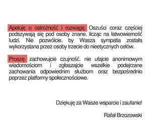 Rafał Brzozowski jest ofiarą stalkingu. Przestrzega swoich fanów i prosi o wzmożoną ostrożność.
