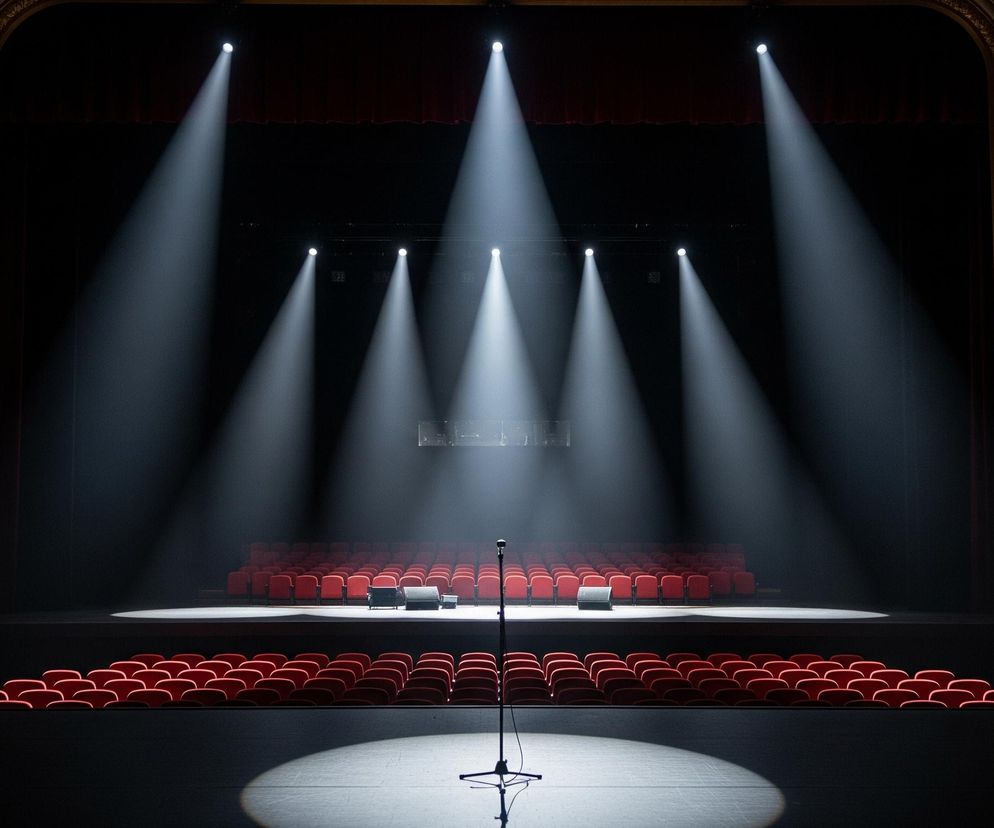 Na scenie teatru, oświetlonej przez intensywne snopy światła z kilku reflektorów, stoi mikrofon na statywie w centrum. Scena ma dwa poziomy, a w tle widać ciemnoczerwone rzędy pustych siedzeń dla publiczności. Po bokach sceny, w ciemności, zarysowują się eleganckie, złocone zdobienia architektoniczne i fragmenty lóż, z których również zwisają reflektory.