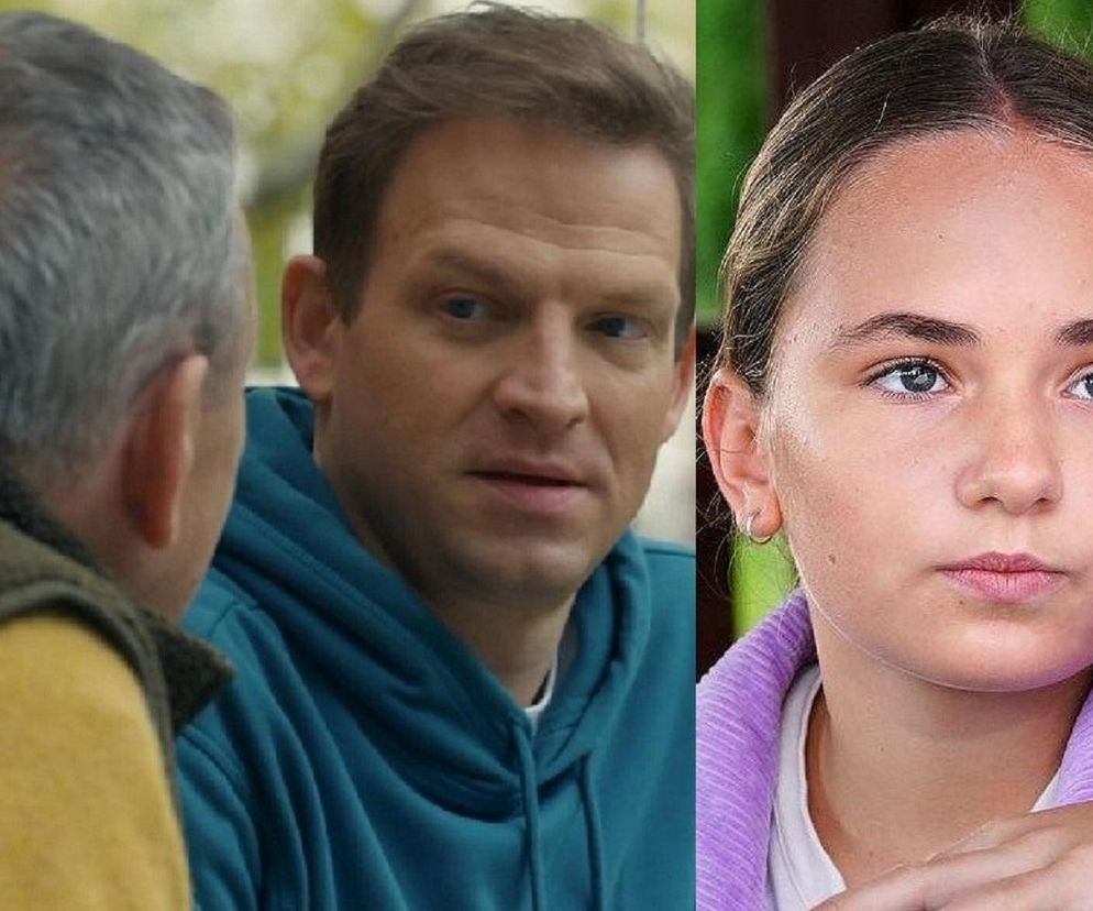 Złożone zdjęcie przedstawiające Łukasza Sadowskiego (Michał Rolnicki) w turkusowej bluzie, rozmawiającego z Czesławem Jaskulskim (Marian Jaskulski) widocznym od tyłu, oraz Paulinkę (Lena Jastrzębska) z zadumaną miną. O ich losach przeczytasz na portalu Super Seriale.