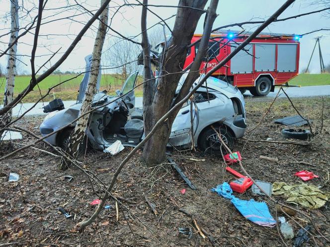 Tragiczny wypadek w Zrąbie w pow. zamojskim. Auto roztrzaskało się na drzewie