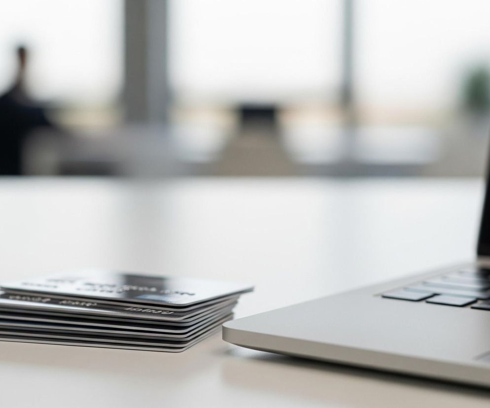 Na białym, płaskim blacie widoczny jest stos kart bankowych o ciemnym kolorze, ułożonych równo jedna na drugiej. Obok, po prawej stronie, znajduje się otwarty laptop w kolorze srebrnym z czarną klawiaturą i ciemnym ekranem. Tło jest rozmyte, z jasnym światłem wpadającym z zewnątrz oraz niewyraźną sylwetką osoby w oddali po lewej stronie.