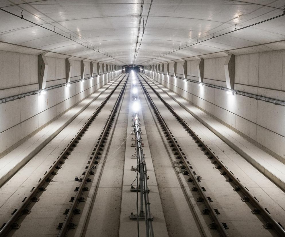 Długa, symetryczna perspektywa tunelu metra, wykonanego z betonu w jasnych, szarych odcieniach. Na dnie tunelu widoczne są dwa tory kolejowe, rozchodzące się na boki ku dołowi obrazu i zbiegające się w odległym punkcie centralnym, gdzie widać jasne światła nadjeżdżającego pociągu lub światła na końcu tunelu. Wzdłuż ścian bocznych regularnie rozmieszczone są prostokątne lampy, oświetlające całą konstrukcję, a pomiędzy nimi znajdują się pionowe, skośne elementy konstrukcyjne, tworzące powtarzalny wzór. Górna część tunelu, czyli sklepienie, jest gładka i również betonowa, z widocznymi cienkimi liniami i metalowymi elementami zawieszenia.
