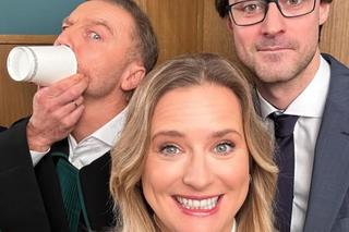 M jak miłość. Andrzej (Krystian Wieczorek), Julia (Marta Chodorowska), Rotkiewicz (Aleksandar Milicević)