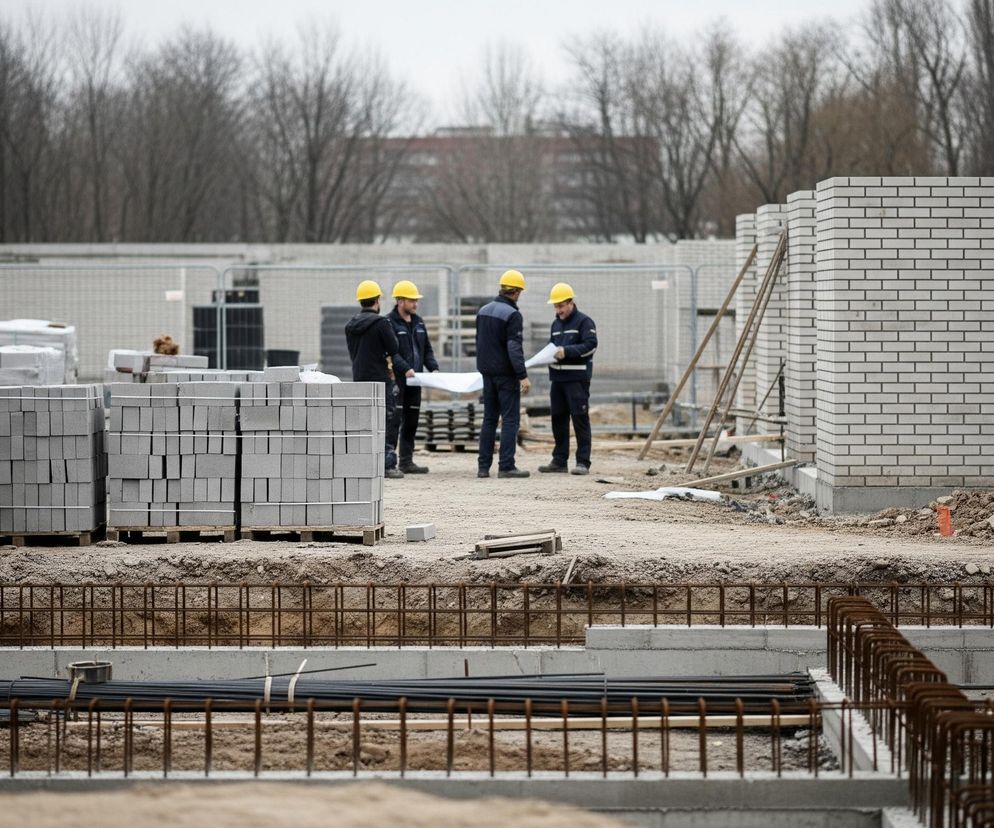 Na pierwszym planie widoczne są zbrojenia betonowych fundamentów, składające się z pionowych i poziomych prętów metalowych, a także ułożone równolegle wiązki ciemnych rur lub prętów. Za nimi znajduje się grunt pokryty piaskiem i żwirem, na którym stoją palety z ułożonymi w stosy jasnoszarymi pustakami i cegłami. W tle, w centralnej części zdjęcia, czterech mężczyzn w żółtych kaskach i ciemnych kurtkach roboczych stoi i ogląda rozłożone plany, otoczonych białym murkiem z cegieł i stosami ziemi. W dalszej perspektywie widać szare ogrodzenia placu budowy oraz nagie drzewa, a na horyzoncie zarys budynków.