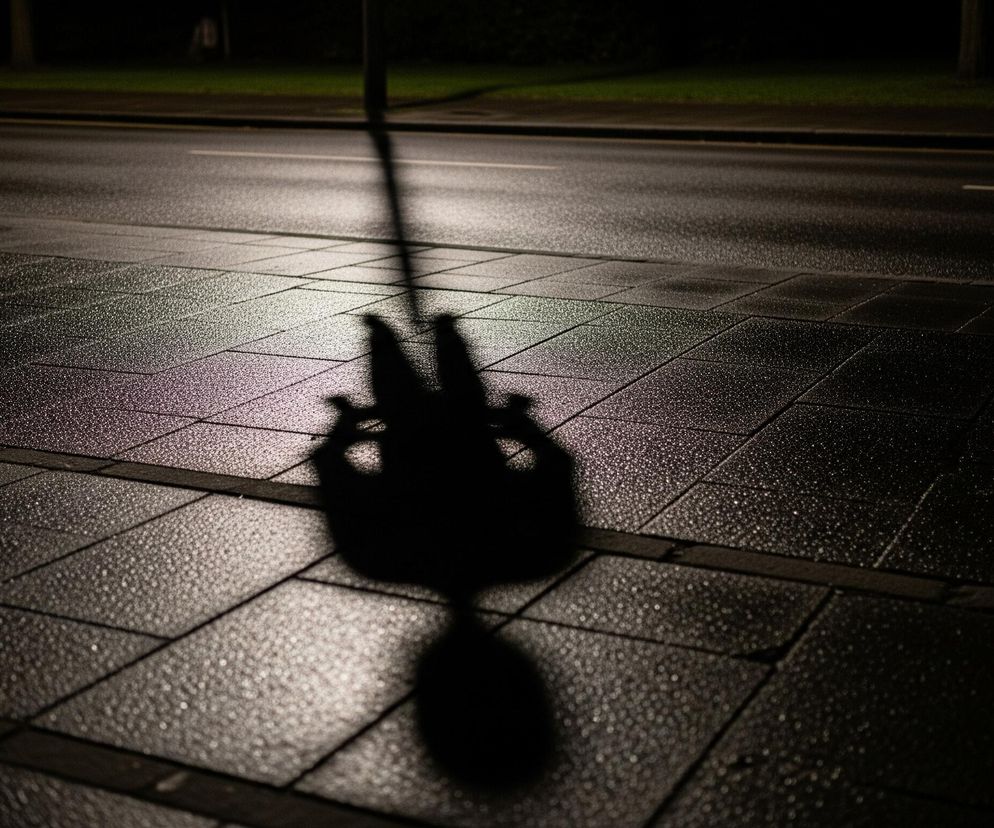 Ciemna sylwetka postaci rzuca długi cień na mokry chodnik, złożony z kwadratowych płyt. Chodnik pokryty jest drobnymi kropelkami wody, które odbijają światło, tworząc iskrzące punkty. Za chodnikiem widać ciemną jezdnię z białą i żółtą linią, a w tle rozciąga się niewyraźny, ciemny krajobraz z zielonymi akcentami.