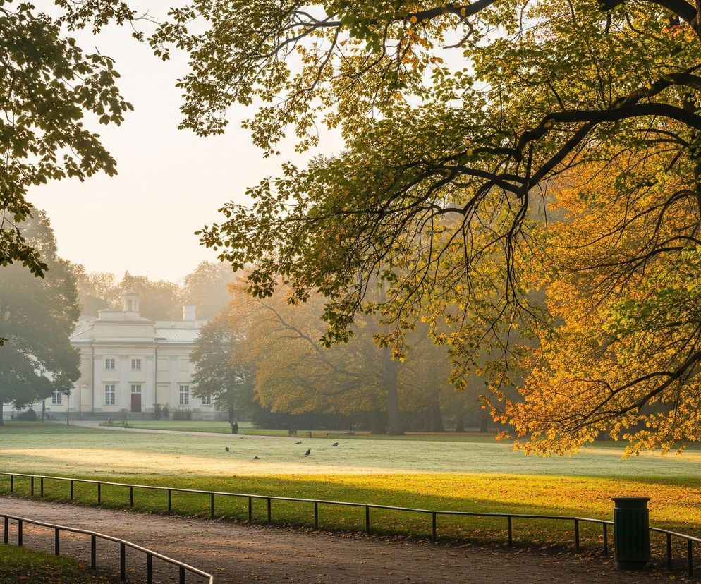 Szeroki widok parku jesienią, wczesnym rankiem, zdominowany przez drzewa o liściach w odcieniach zieleni i jaskrawej żółci, widoczne po obu stronach kadru. W centrum, na horyzoncie, znajduje się duży biały budynek o klasycznej architekturze z czterema oknami na parterze i trzema na piętrze oraz drzwiami frontowymi w kolorze ciemnej czerwieni. Przed budynkiem rozciąga się rozległa, pokryta rosą trawiasta przestrzeń, jasno oświetlona promieniami słońca, na której widać kilka ciemnych sylwetek ptaków. Na pierwszym planie, wzdłuż dolnej krawędzi, wijąca się, ciemna ścieżka spacerowa otoczona jest niskimi, ciemnymi barierkami.