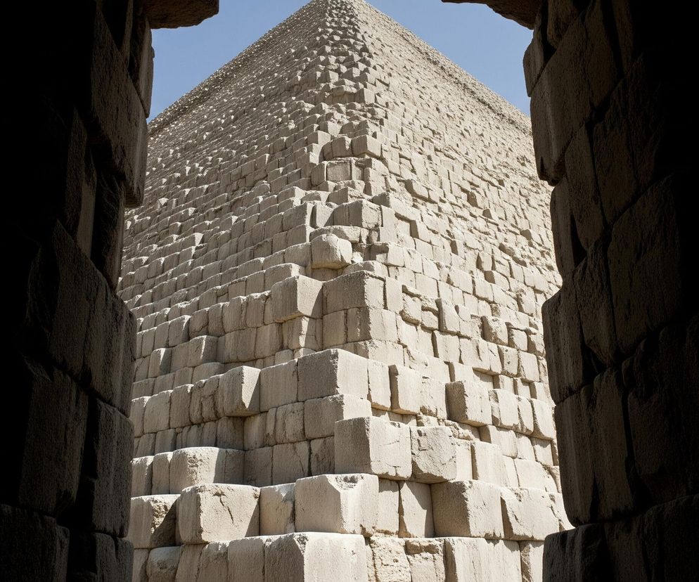 Duża, monumentalna konstrukcja z jasnych, kamiennych bloków, wznosi się ukośnie ku górze, dominując centralną część obrazu. Bloki są różnej wielkości, ułożone w regularne, schodkowe rzędy, tworząc wyraźne krawędzie i cienie. Część leżąca po lewej stronie kadru jest znacznie jaśniejsza i wyraźniej oświetlona, co uwidacznia nierówności ich powierzchni. Głębia ostrości skupia się na najbliższych rzędach bloków, ukazując detale ich chropowatej faktury.

Konstrukcja jest otoczona ciemnymi, niewyraźnymi elementami po obu stronach kadru, które tworzą nieregularne ramy, zamykając widok na budowlę. Fragment jasnego, bezchmurnego nieba widoczny jest w górnej części obrazu, pomiędzy ciemnymi ramami a szczytem konstrukcji.