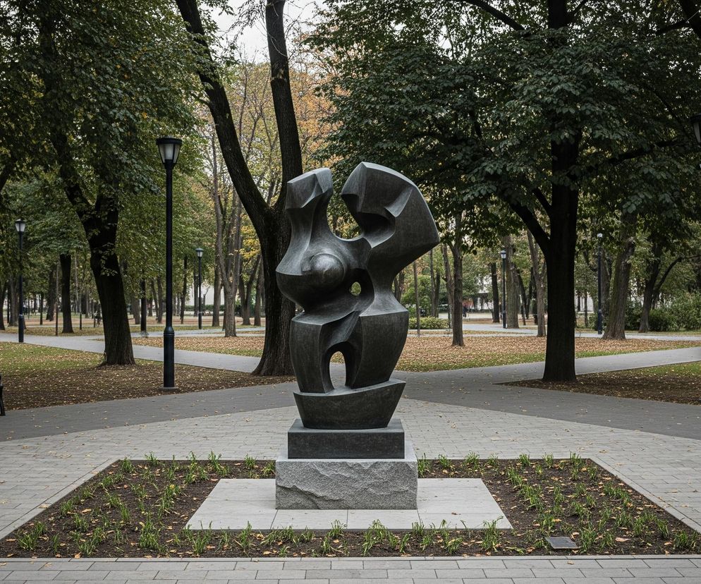 Centralnym elementem jest ciemna, abstrakcyjna rzeźba o nieregularnych, zaokrąglonych kształtach, osadzona na kamiennym cokole, który stoi na środku obsadzonego zieleńcami kwadratu z szarych płyt. Rzeźba jest otoczona chodnikami z jasnoszarej kostki brukowej, tworzącymi alejki rozchodzące się w głąb parku. Po obu stronach alejek rosną drzewa o gęstych, zielono-brązowych liściach, a pomiędzy nimi widoczne są brązowe ławki i czarne latarnie parkowe. Podłoże w parku pokrywają trawniki z opadłymi, jesiennymi liśćmi.