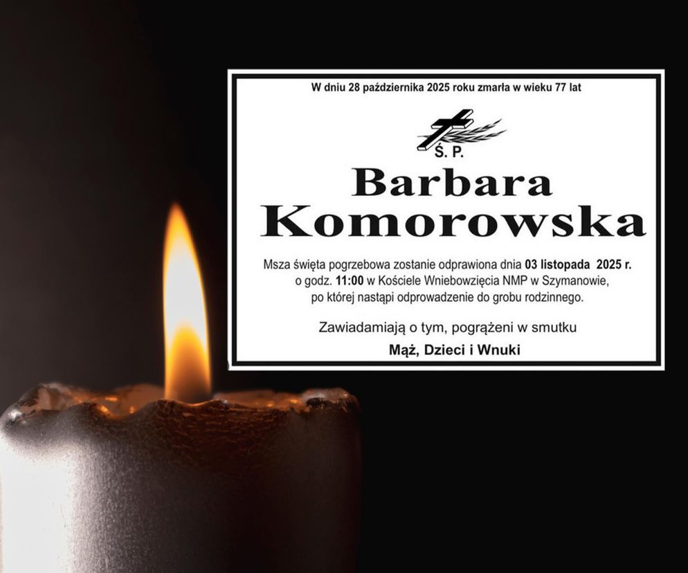 Zapalona świeca żałobna obok klepsydry informującej o śmierci Barbary Komorowskiej, współzałożycielki Bakomy. Na klepsydrze data śmierci 28 października 2025 i szczegóły pogrzebu 3 listopada 2025. O jej życiu i biznesowym dziedzictwie przeczytasz na Super Biznes.