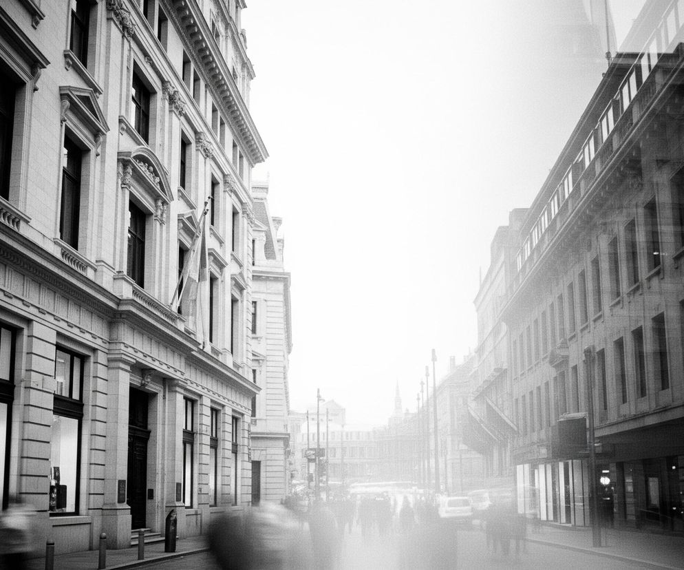 Ulica miejska widoczna jest z perspektywy przechodnia, w tonacji czarno-białej. Po lewej stronie dominuje fasada budynku o jasnych, kamiennych elewacjach z licznymi, prostokątnymi oknami i dekoracyjnymi gzymsami. Po prawej stronie widać podobny budynek, jednak bardziej rozmyty i częściowo przesłonięty przez odbicia, sugerujące szybę lub podwójną ekspozycję. Centralna część obrazu, przedstawiająca ulicę między budynkami, jest silnie prześwietlona i zamglona, co tworzy wrażenie jasnej smugi światła, w której z trudem można dostrzec zarysy ludzi i pojazdów.