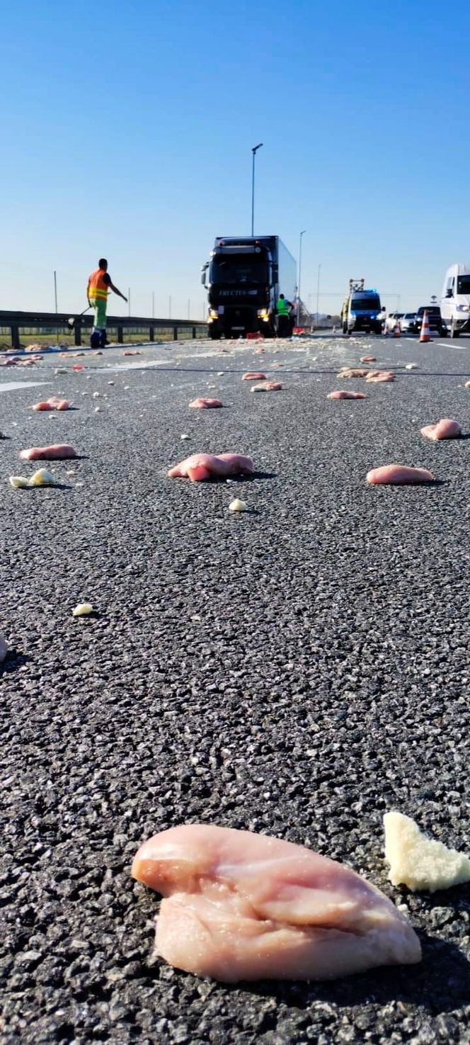 Deszcz mrożonego mięsa na autostradzie A4. Nietypowe skutki kolizji pod Krakowem