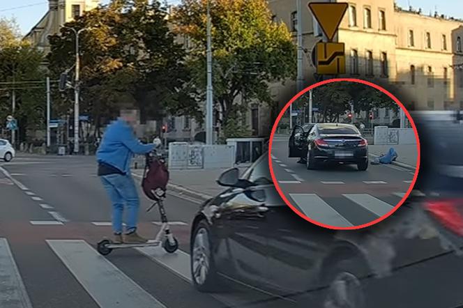 Obydwaj przejechali na czerwonym. Hulajnogista wyleciał w powietrze