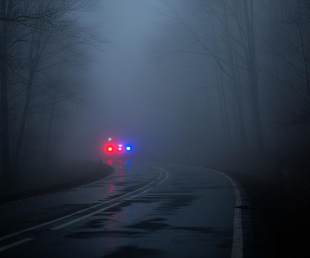 Na pierwszym planie widoczna jest mokra, ciemna droga asfaltowa, z białymi, podwójnymi liniami rozdzielającymi pasy, biegnąca w lekkim zakręcie w prawo. W oddali, przez gęstą mgłę, przebijają się cztery jasne światła: dwa czerwone i dwa niebieskie, należące do pojazdu. Światła te odbijają się w kałużach na drodze, tworząc wyraźne, rozmazane refleksy. Obie strony drogi otacza las z ciemnymi, nagimi drzewami, których zarysy zlewają się z tłem przez mgłę.