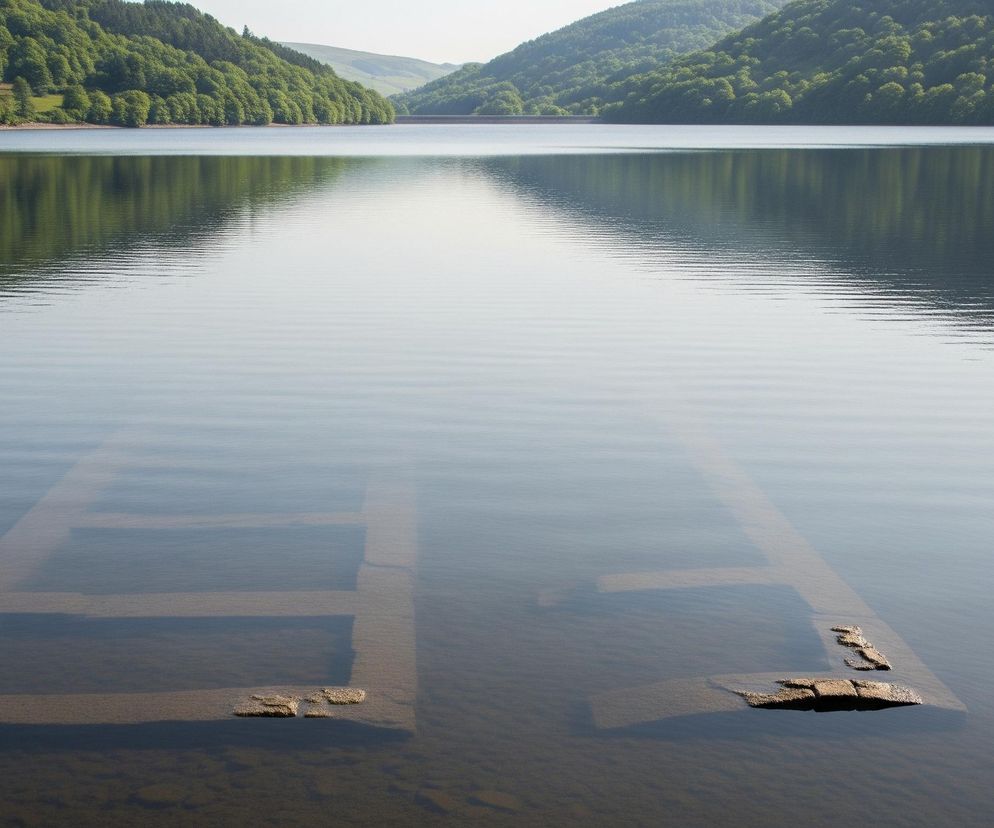 W centrum obrazu znajduje się rozległe, spokojne jezioro o ciemnogranatowej tafli, lekko falującej. Na pierwszym planie, tuż pod powierzchnią wody, widoczne są zatopione struktury przypominające zarysy budynków lub fundamentów, wykonane z jasnobrązowego materiału, z kilkoma fragmentami wystającymi ponad wodę. W tle rozciągają się zielone, zalesione wzgórza po obu stronach jeziora, a w oddali majaczy ciemny horyzont i jaśniejsze niebo, nad którym widać zarys tamy.
