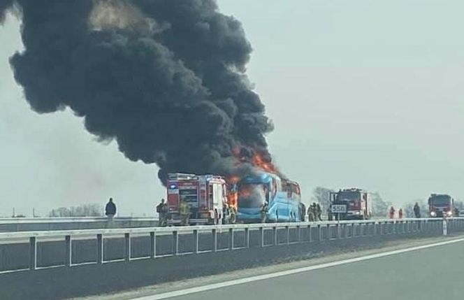 Na A2 na wysokości Broszkowa zapalił się autobus turystyczny