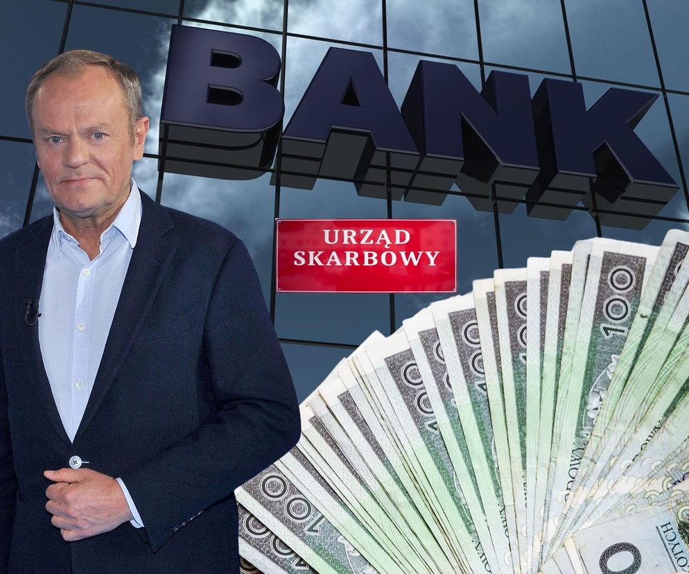 Donald Tusk na tle napisu BANK, Urzędu Skarbowego i banknotów studolarowych, symbolizujących podwyżkę CIT dla banków. Temat przeczytasz na portalu Super Biznes.