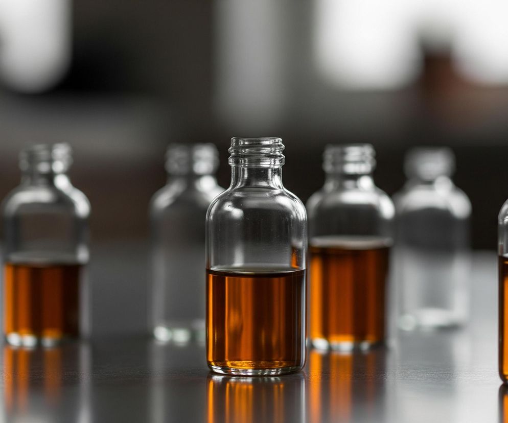 Rząd szklanych, otwartych fiolek ustawiony jest na ciemnej, błyszczącej powierzchni, odbijającej światło. Centralna fiolka, wyraźnie ostra, zawiera bursztynowy płyn wypełniający ją mniej więcej do połowy. Po obu stronach widoczne są inne fiolki; niektóre z nich są puste i rozmyte, inne zawierają podobny płyn. Tło jest rozmyte, z jasnymi i ciemnymi plamami, sugerującymi wnętrze pomieszczenia z odległymi obiektami.