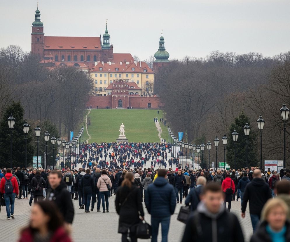 Tłum ludzi idzie szeroką, brukowaną aleją w kierunku dużego, zielonego wzgórza, na szczycie którego stoi biały posąg. Po obu stronach alei rozciągają się rzędy ciemnych latarni ulicznych, a za nimi widoczne są gęste, bezlistne drzewa. Na tle bladego, zachmurzonego nieba, na szczycie wzgórza dominuje kompleks budynków z czerwonymi dachami i ceglanymi ścianami, z widocznymi dwiema wieżami z zielonymi kopułami.