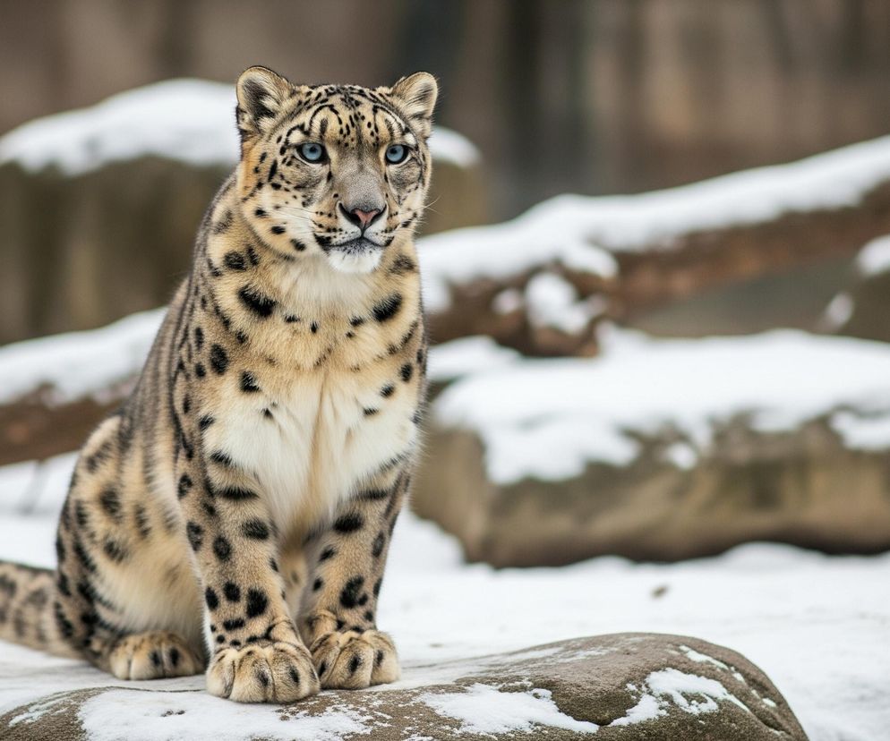 Leopard śnieżny o jasnobrązowym futrze z czarnymi cętkami i niebieskimi oczami siedzi na kamieniu, patrząc przed siebie. Tło stanowią zaśnieżone kamienie i gałęzie, rozmyte, co akcentuje postać zwierzęcia. Otoczenie jest pokryte cienką warstwą śniegu, co sugeruje zimowy krajobraz.