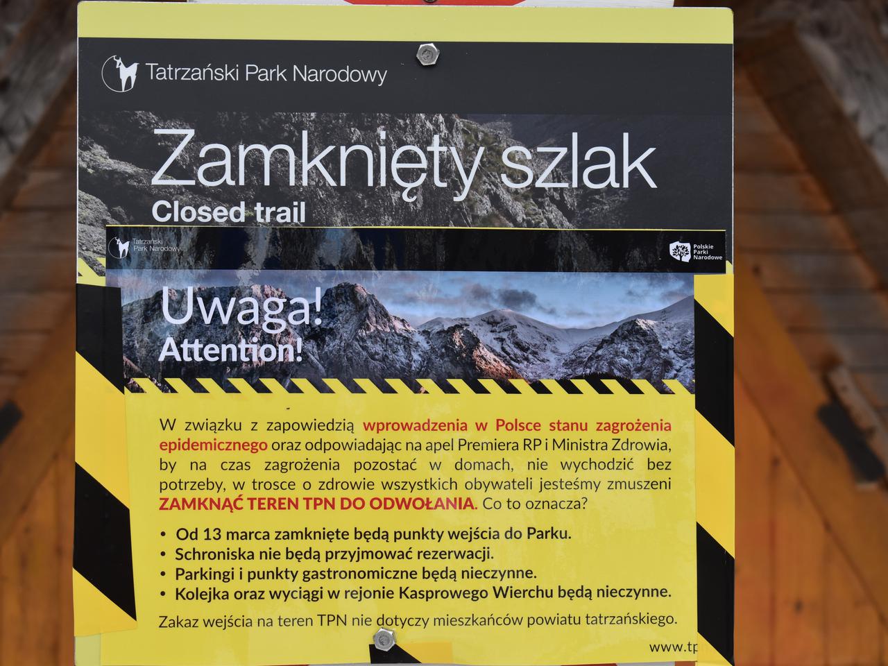 Tatry zamknięte. TPN zamknął szlaki, by ludzie w czasie kwarantanny nie wyjeżdżali na urlop 