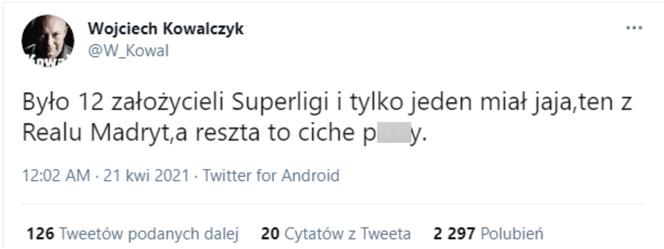 Wpis Wojciecha Kowalczyka na Twitterze