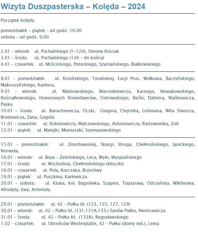 Harmonogram Kolędy w parafii pw. Zwiastowania NMP