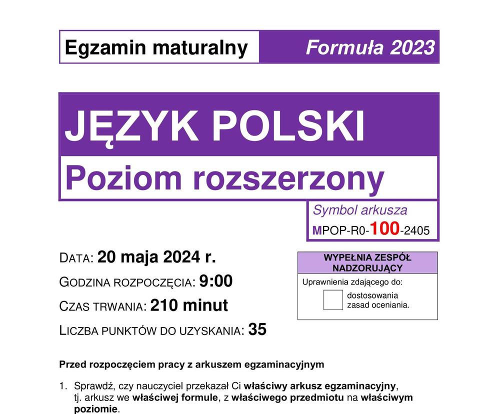 Matura 2024: język polski rozszerzony. ARKUSZ CKE NOWA FORMUŁA 2023