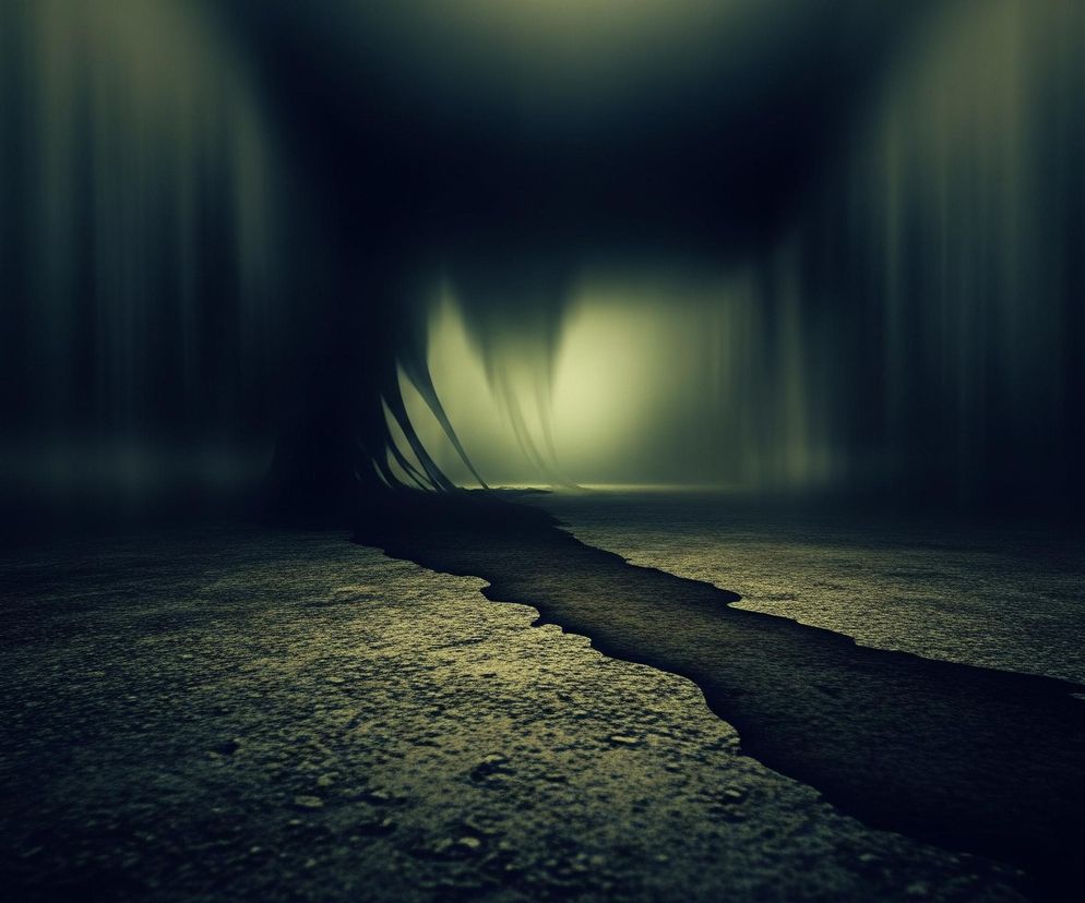 Scena przedstawia mroczny, podłużny korytarz lub tunel, oświetlony w centralnej części jaskrawym, bladym, zielonkawym światłem. Na pierwszym planie widoczna jest nierówna, ciemna powierzchnia przypominająca ziemię lub beton, przez którą wije się czarny pas, sugerujący drogę lub pęknięcie, prowadzące w głąb obrazu. Z lewej strony środkowej części kadru wyłaniają się długie, ciemne, smukłe kształty, przypominające pędy roślin lub macki, które rozciągają się w kierunku światła. Otoczenie jest w większości zaciemnione, z pionowymi, rozmyciami świetlnymi po bokach, co potęguje wrażenie głębi i tajemniczości.