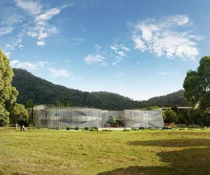 Stalowa elewacja nowego budynku Cairns Institute w Townsville jak pleciony kosz